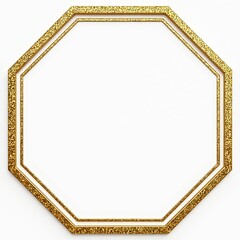 Gold glitter octagon frame on white background. Empty luxury design element for invitation greeting card, wedding, Christmas, birthday. Sparkling, shiny metallic border, ornament.