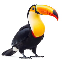 Fototapeta premium A realistic portrait of a toucan standing in side view, isolated on a white background. A sleek, well-built tropical bird with smooth black plumage, a vibrant yellow throat, a large, curved multicolor