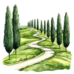 Winding road through verdant hills lined with tall slender trees creating a picturesque watercolor landscape scene.