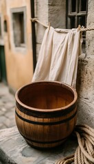 Fototapeta premium Wooden Barrel, Linen Cloth, Old Building Exterior