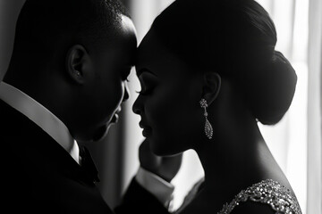 A husband gently adjusting his wifeâ€™s earring before they leave for a special event, admiring her beauty.
