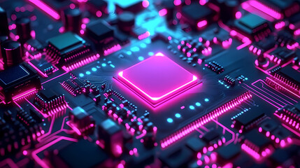 Fototapeta premium Circuit board close-up with glowing lights