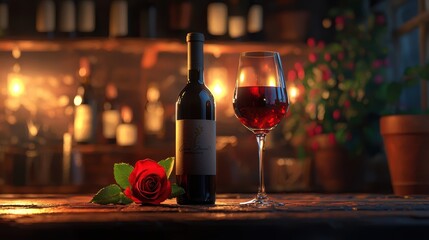 Romantic Red Wine Night Bottle, Glass, and Rose