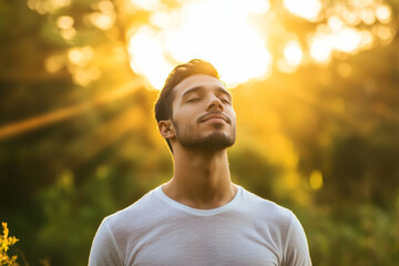 A young Hispanic man practicing mindfulness while walking in nature, appreciating the present moment.