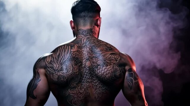 Muscular young adult caucasian man with intricate back tattoos in smoky atmospheric setting