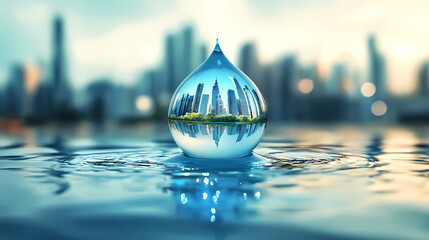 Water drop reflecting city skyline