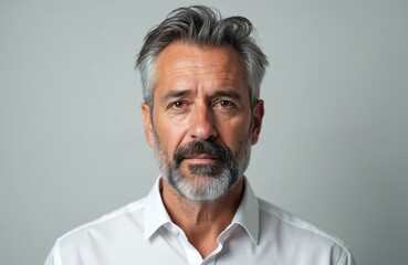 Obraz premium Mature man with grey hair, beard. Caucasian adult, one person portrait. Serious expression, close-up, formal business attire. White shirt on grey background. Successful, confident businessman.