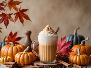 Creamy pumpkin spice beverage with seasonal treats in autumn setting showcasing flavors of fall.