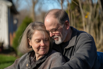 Fototapeta premium A husband gently tucking his wifeâ€™s hair behind her ear as they sit together on a sunny afternoon.