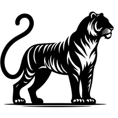 Obraz premium black and white illustration, stylized tiger, side view, strong stance, bold stripes, graphic design, silhouette, minimalist, heraldic style, vector art, tribal art influence, powerful feline.