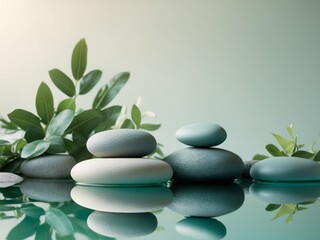 Obraz premium Serene Spa Stones and Greenery Reflection on Teal Water