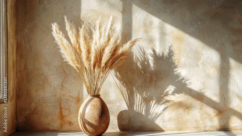 Poster Sunlight streams through a window, illuminating soft pampas grass arranged in a rustic vase. The warm glow creates intricate shadows on the textured wall, capturing a serene moment