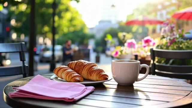 Morning caf&eacute; scene with croissant and coffee on outdoor table in sunlit urban setting