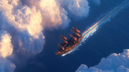 Sailing Ship Surfing a Rainbow in the Sky, Fantasy Scene with Clouds and Sunlight