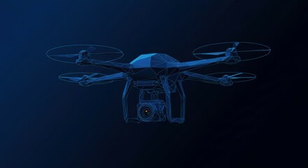 Futuristic digital 3D drone with a camera in a sleek low-poly dark blue design.