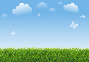 Obraz premium Spring Poster With Green Grass And Clouds