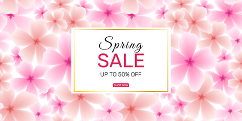 Spring sale banner with sakura flowers on white background. Botanical vector illustration for posters, social media, web, cards