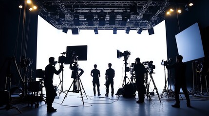 A professional film studio production set with a full crew working behind the scenes, featuring large lighting equipment, motion picture cameras, and silhouetted figures creating cinematic scenes