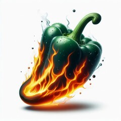 Fiery green bell pepper with dynamic flame effects, representing intense flavor