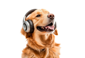 Happy dog wearing headphones enjoys music isolated on transparent background