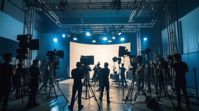 A professional film studio production set with a full crew working behind the scenes, featuring large lighting equipment, motion picture cameras, and silhouetted figures creating cinematic scenes