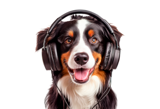 Dog enjoys music with headphones isolated on transparent background