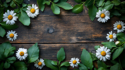 Fototapeta premium a flat lay arrangement of wild daisies and green leaves on a natural wood
