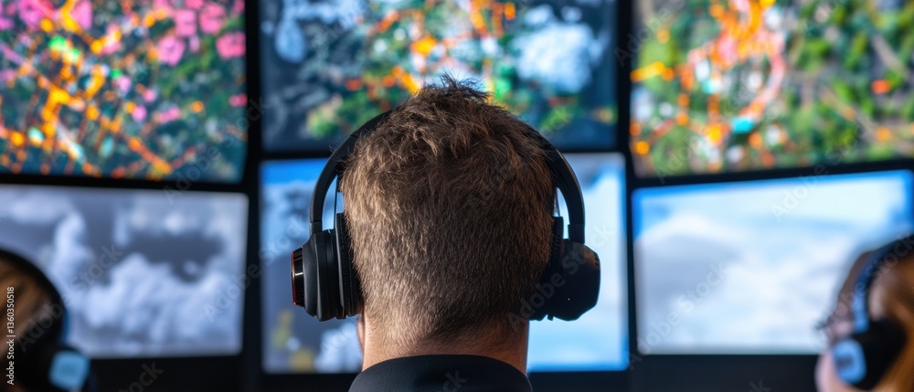 Poster Immersive AI Data Analytics Next-Gen Visualization Dashboard with Sensory Over-the-Ear Headphones - Multichannel Cognitive Performance and Digital Workflow Optimization