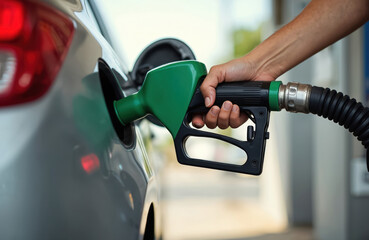 Hand holding fuel nozzle refilling gasoline into car tank at gas station. High fuel prices, energy crisis, rising costs for petrol, diesel. Economic problems with gasoline prices, fuel shortage,