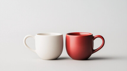 two coffee mugs with heart designs placed side by side against minimal background, romantic concept of couple connection, love and togetherness in simple ceramic drinkware photography