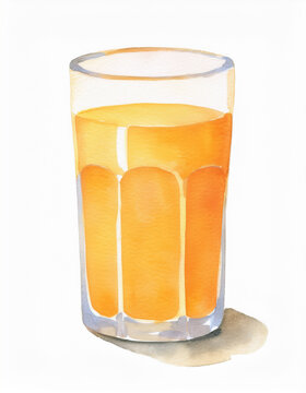 Adorable watercolor painting of glass of orange juice isolated on white. Tasty drink. Hand drawn