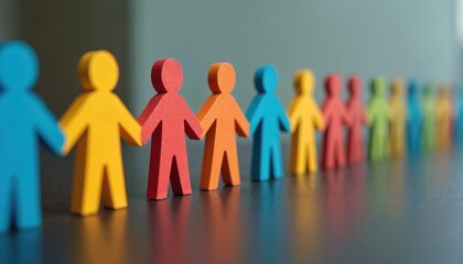 Colorful paper cut-out humans holding hands on table surface. Visual metaphor for community friendship togetherness. Concept of social support, partnership, solidarity, equality, team work,