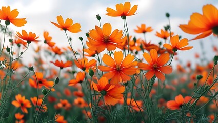 A close-up view of orange cosmos flowers blooming in a sunny field, showcasing their vivid color and delicate petals