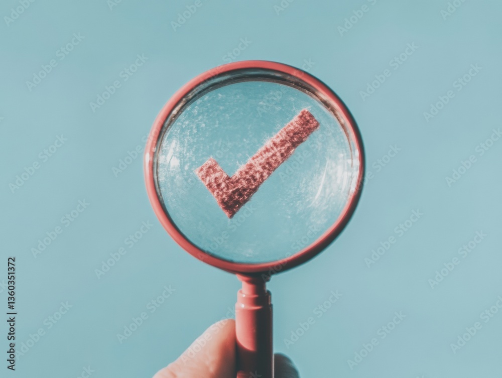 Poster precision verification minimalist quality assurance lens revealing textured compliance checkmark in 