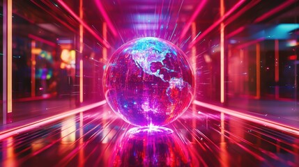 Neon Global Network Futuristic Earth Globe in Vibrant Light