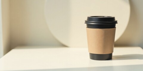A single dark beverage cup with a light-colored sleeve sits on a minimalist surface, bathed in soft sunlight.