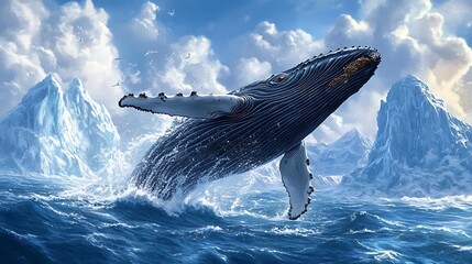 Fototapeta premium A Graceful Humpback Whale Breaching the Surface of the Ocean