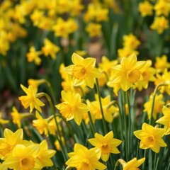 Fototapeta premium Bright yellow daffodils blooming in abundance in a spring garden, spring, close-up photography
