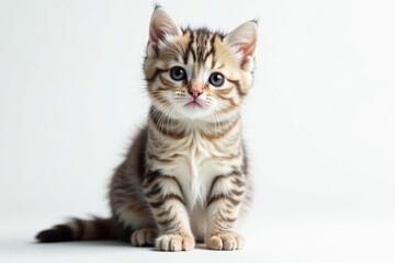 Fototapeta premium Charming British Shorthair kitten sits on white, gazing at camera, kitty, studio