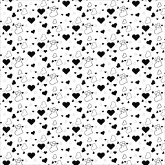 Seamless Black and White Heart Pattern with Gift Elements on White Background







