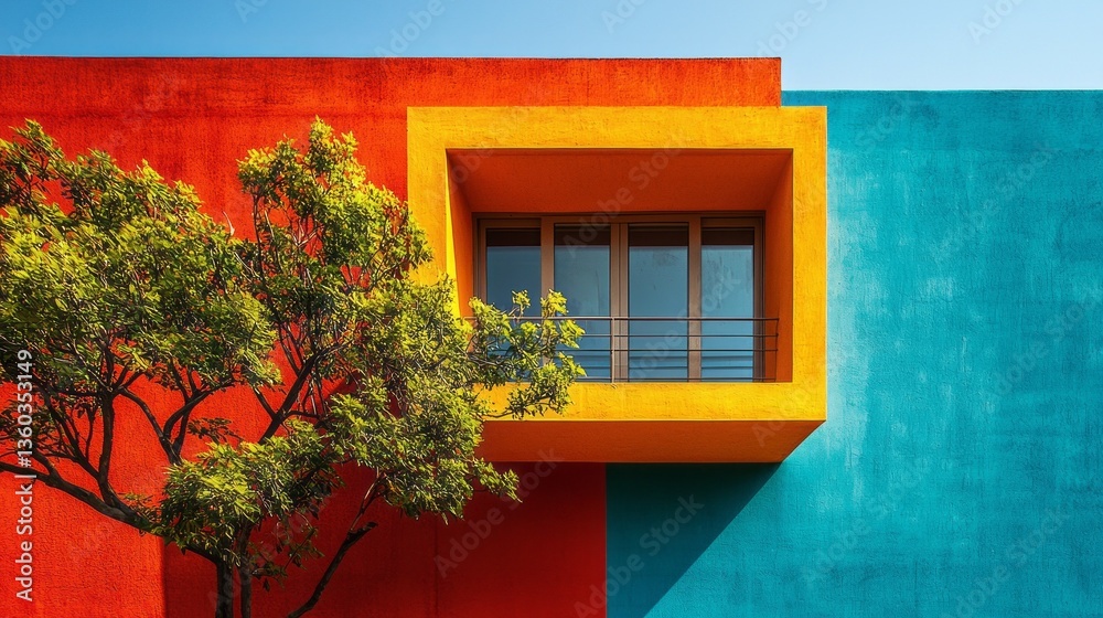 Poster bold hues of orange, blue, and yellow create a captivating backdrop for a contemporary building feat