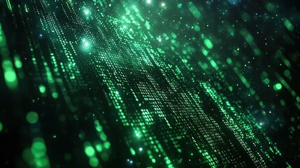 A technological scene composed of green flashing light dots and flowing digital elements, presenting a dynamic and vibrant digital world.