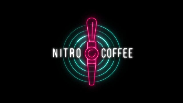 Nitro coffee neon animation emblem. Glowing and flickering tap and letters