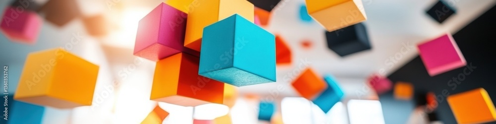 Poster geometric innovation visualization vibrant cubic abstract design showcasing digital transformation, 