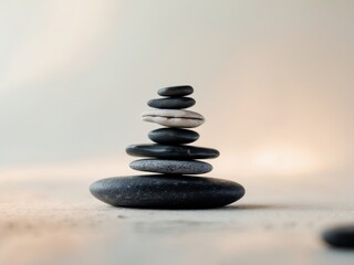 Stack black stones balanced top each other middle peace found