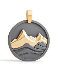 A golden pendant with a three-dimensional pattern of mountains, representing the majestic charm of natural landscapes.