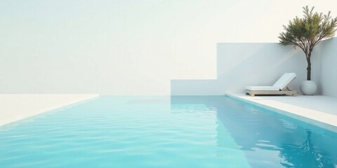 Serene Minimalist Poolside Relaxation A White Modern Lounger by a Tranquil Aqua Pool with a Small Tree in a Pot