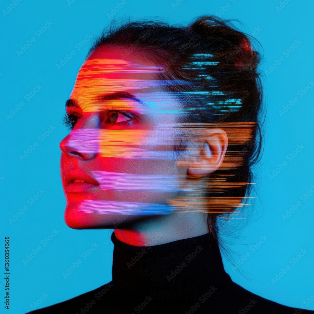 Poster Digital Identity Disruption Vibrant Gen Z AI-Inspired Portrait Exploring Technological Self Through Glitch Aesthetic and Chromatic Transformation