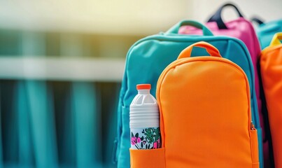 A collection of colorful backpacks ready for school, including a water bottle for staying hydrated throughout the day.