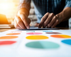 Minimalist Data Visualization Millennial Professional Analyzing Colorful Strategic Charts in Soft-Lit Home Office - Next-Gen Business Intelligence and Creative Analytics